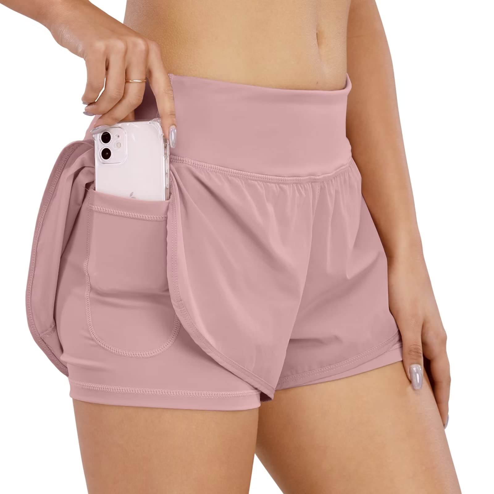 COTOP Pantalones Cortos de Running para Mujer, 2 en 1 Short Deportivo Mujer con Bolsillo, Pantalones Cortos de Verano de Cintura Alta y Secado Rápido para Fitness, Jogging, Gimnasio y Entrenamiento
