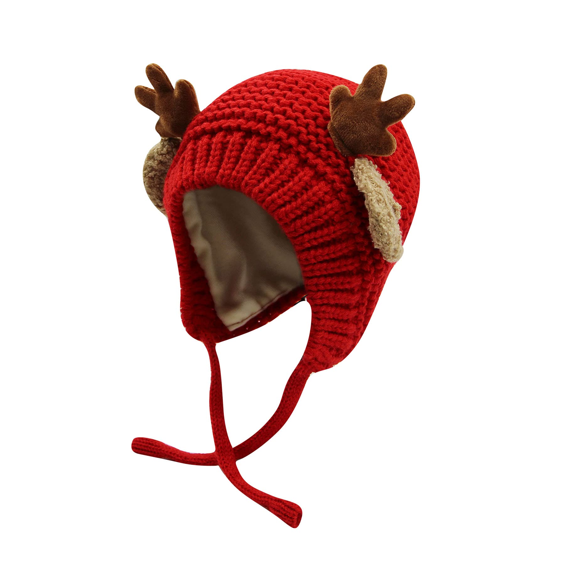 AIBEARTY Cute Deer Elk Antlers Baby Hat Winter Warm Plush Knitted Ear Warmer Bonnet Boys Girls Cap Beanie with Chin Strap Red