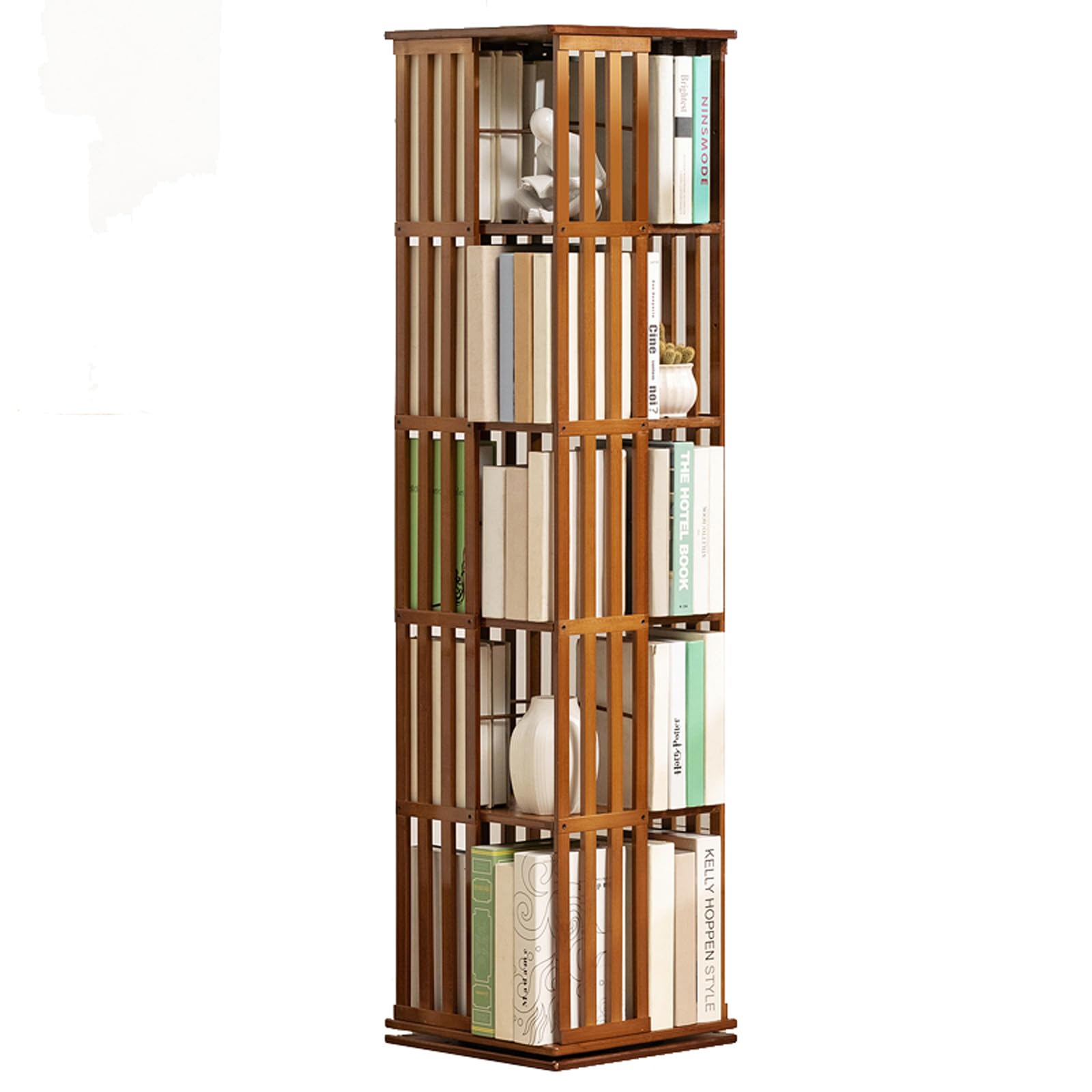 360° Revolving Bookshelf, 5/6 Tiers Bamboo Student Bookshelf, Corner Floor Standing Bookshelves Storage Organizer Cabinet Rack, Suitable For Living Room and Bedroom