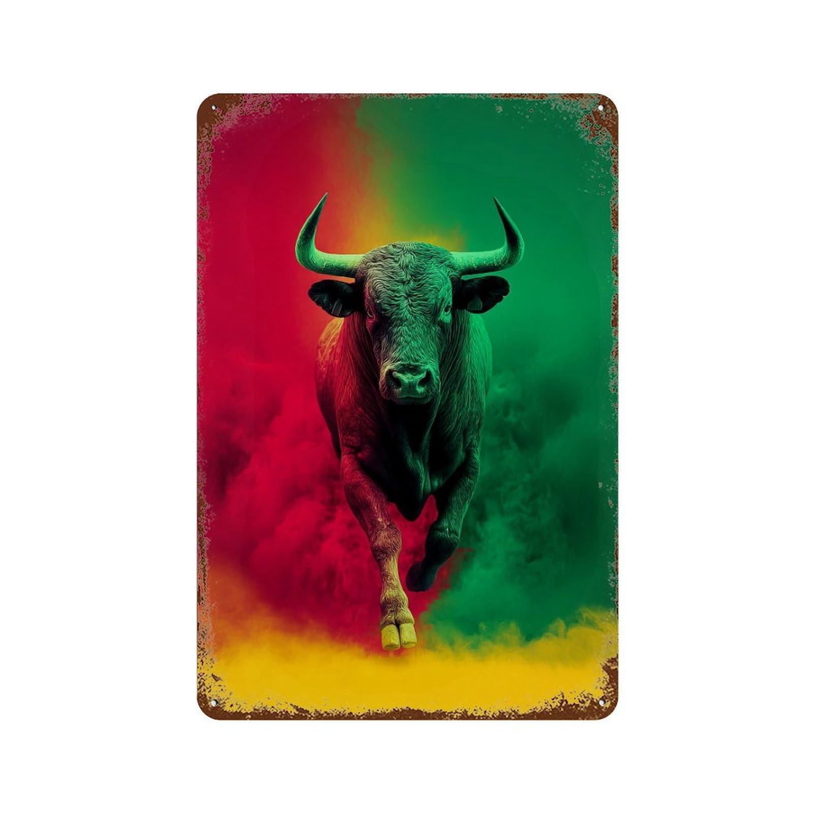 Powerful Bull in Action 11.8"x7.9" Aged Metal Wall Plaque, Classic Wall Plaque for Pub, Kitchen And Man Cave Decor