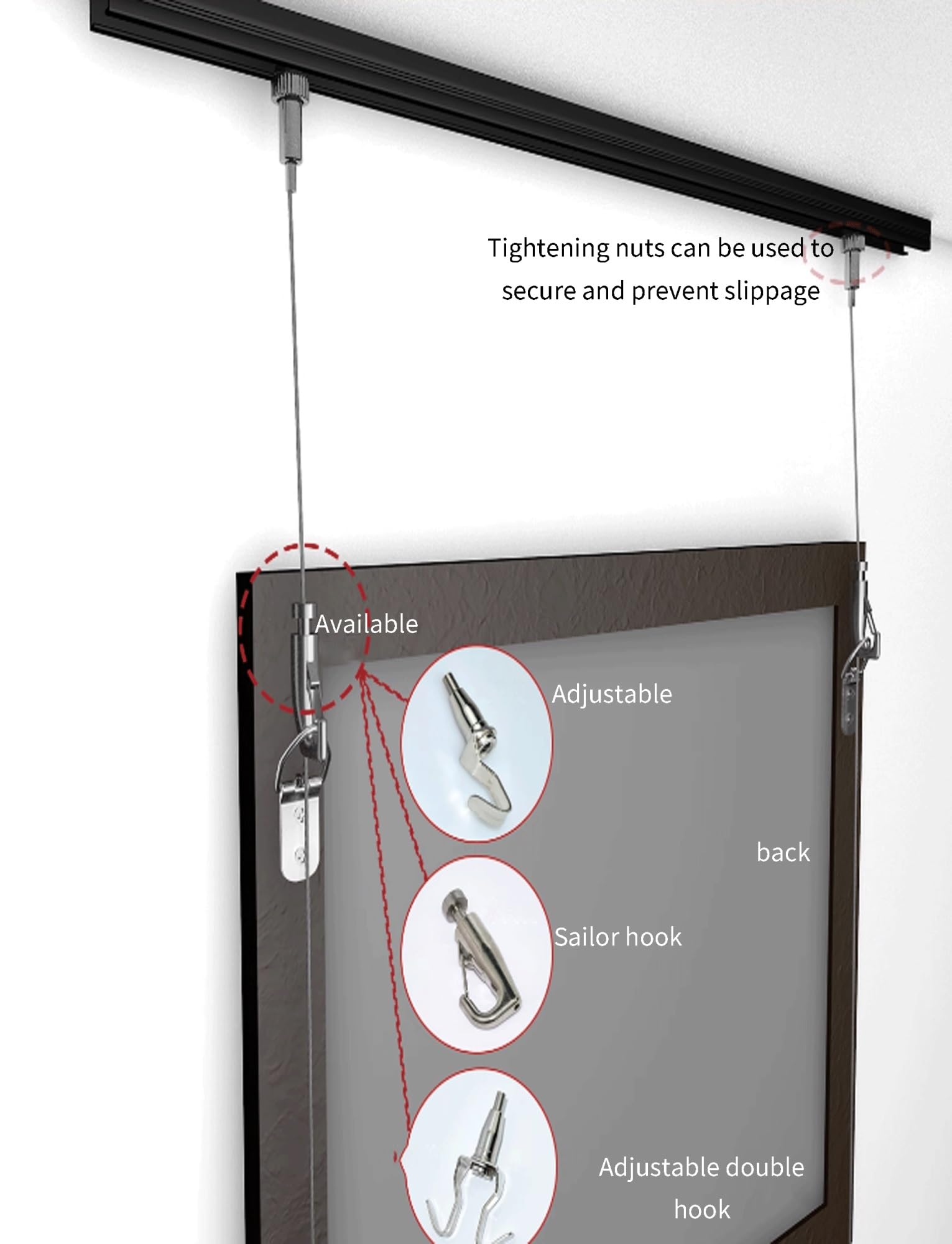 Sistema ajustable para colgar cuadros en el techo con cables de acero, montaje superior y riel empotrado para obras de arte y marcos
