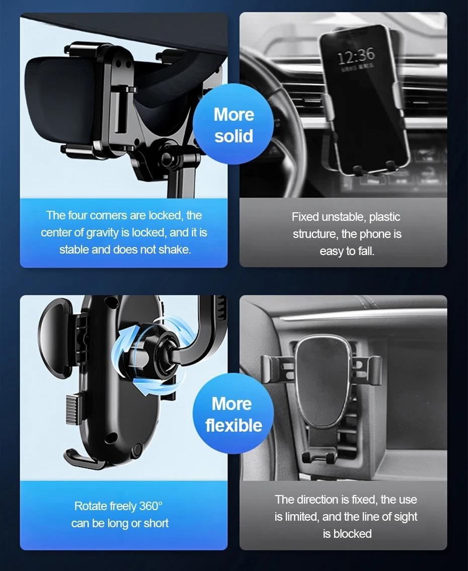 Porta Cellulare Auto Supporto per telefono cellulare con specchietto retrovisore per auto, retrattile a 360°, con clip per telefono, supporto GPS, mobile