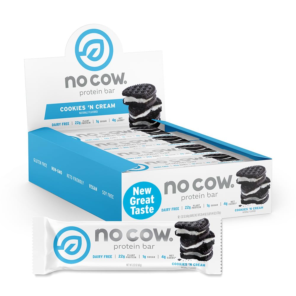 No Cow Vegan Protein Bars, Upgraded Cookies 'n Cream | 20g Plant Based Protein, Gluten Free, Dairy Free, Soy Free, Keto Friendly, Low Sugar, High Fiber Snack Bars | Pack of 12