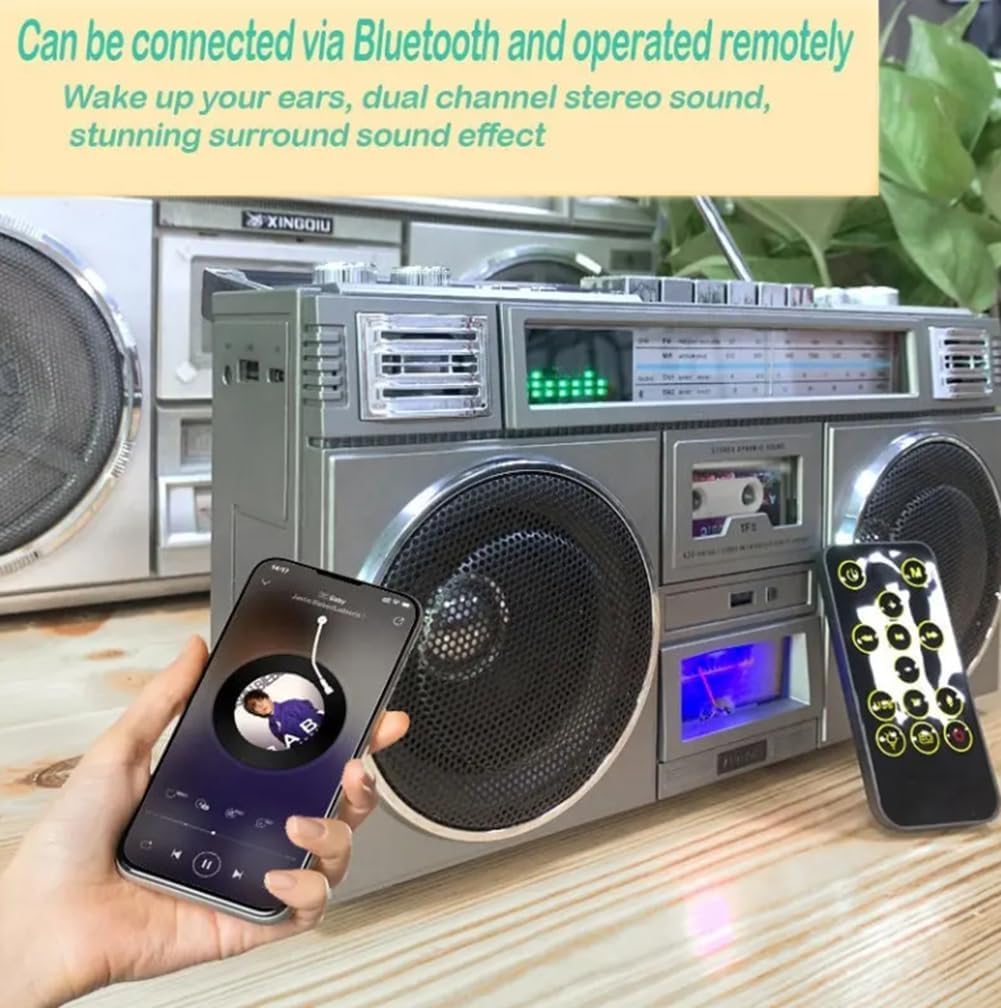Boombox retrò con Bluetooth, radio AM/FM, lettore CD e nastro, sistema portatile a 4 altoparlanti, supporto USB/AUX per riunioni di famiglia e street dance