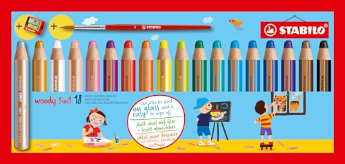 STABILO woody 3in1 - Crayon de couleur - Etui carton x 18 crayons de coloriage + taille-crayon + pinceau rond