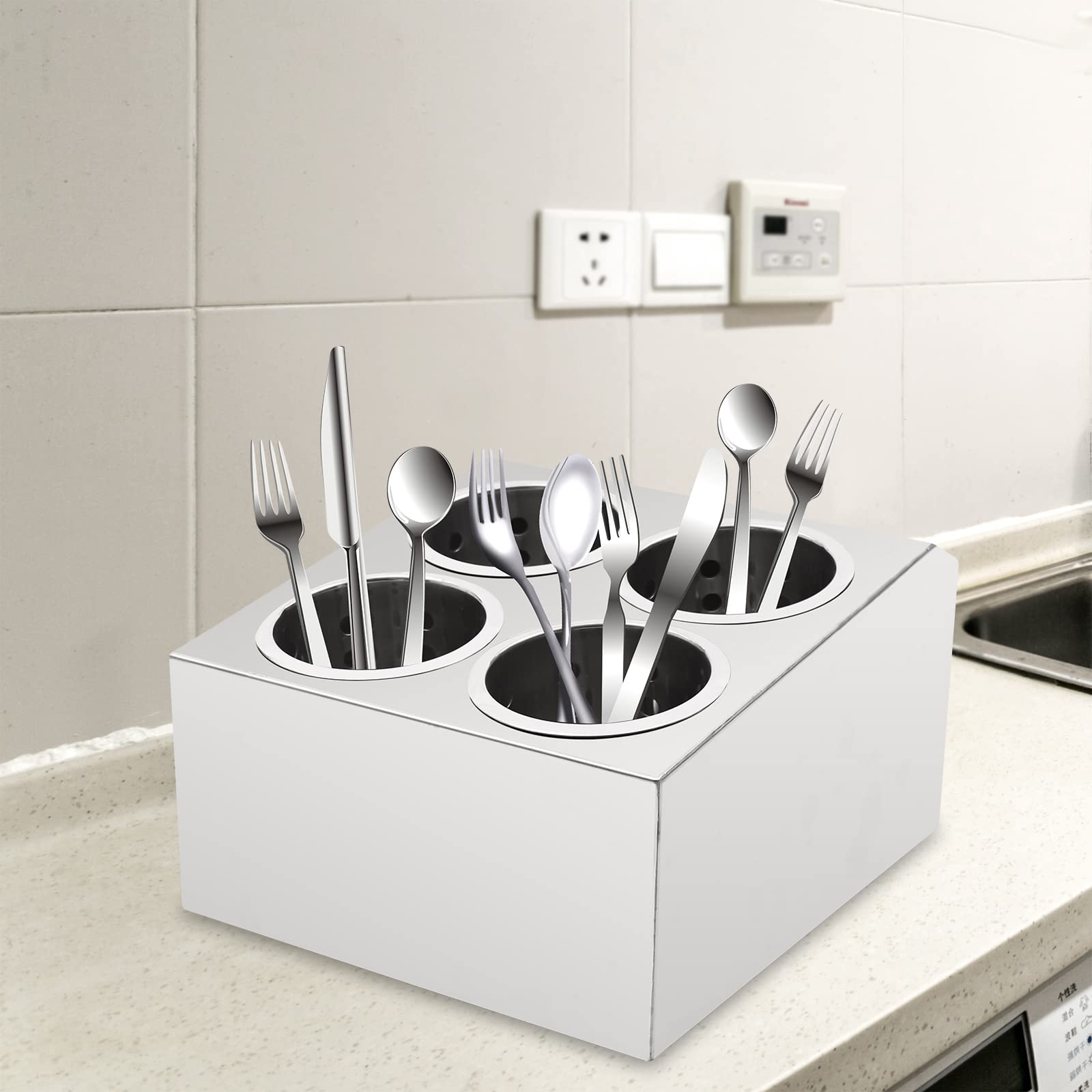 4 compartimentos para cubiertos de acero inoxidable, cuadrado, cesta para cubiertos, recipiente para utensilios de cocina, 26,7 x 31 x 19,5 cm para cucharas, tenedores y cuchillos