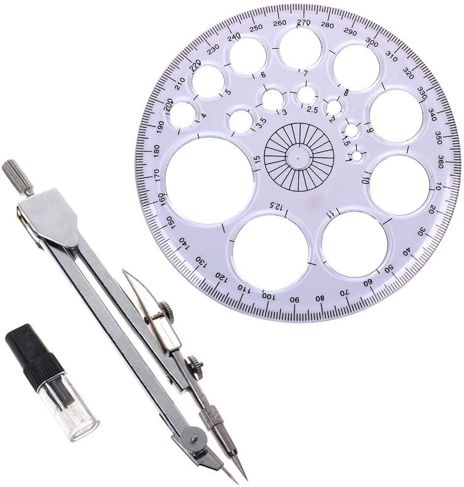 AKAZI Kompass-Set, 1 Stück 360-Grad-Winkelmesser, Kreis-Master-Vorlage + 1 Stück Studenten-Entwurfskompass, Geometrie-Zeichenwerkzeuge mit Bleistiftminen, Geometrie-Set