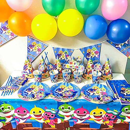 Shark Party Supplies Set Baby Shark Party Servies Haai Party Platen Papieren Bekers, Tafelkleed, Banner voor Kinderen… - Image 7