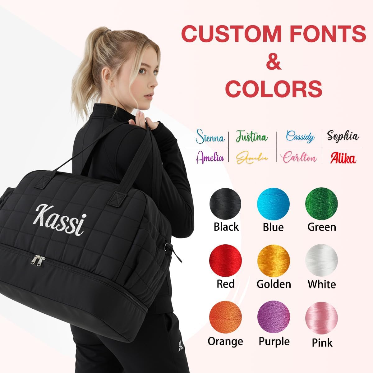 Ulico Personalized Travel Duffel Bag with Embroidered Name ，Custom Large Gym Tote Bag for Women with Shoe Compartment, Carry on Bags for Airplanes,Hospital Bag for Labor and Deliver（white green）