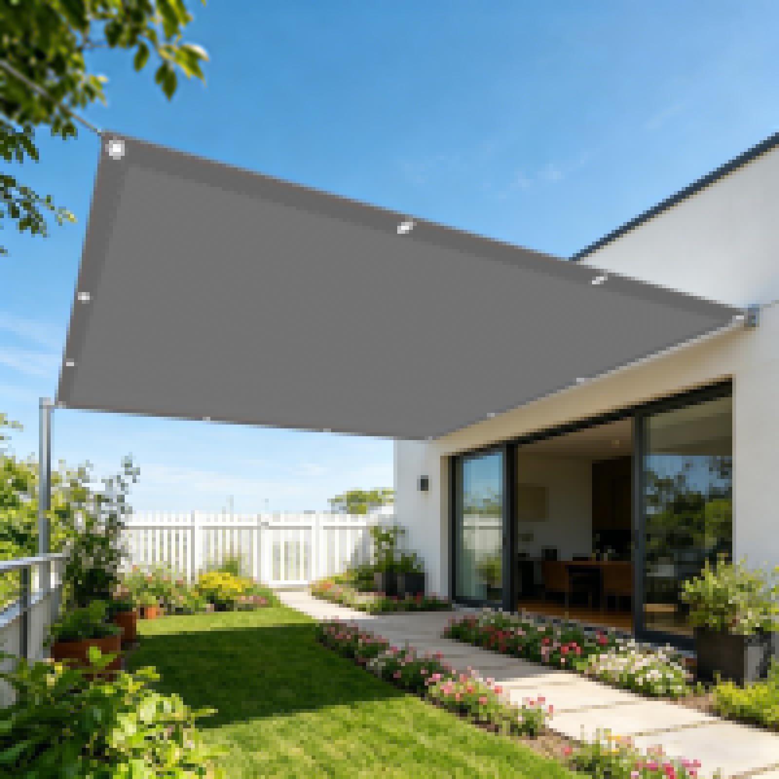 Tenda a Vela 150 x 200 cm Impermeabile Rettangolare Tenda da Sole con Occhielli e Corda per Auto, Piscina, Patio, Balcone, Piante, Pollaio, Allevamento Bestiame, Grigio Chiaro