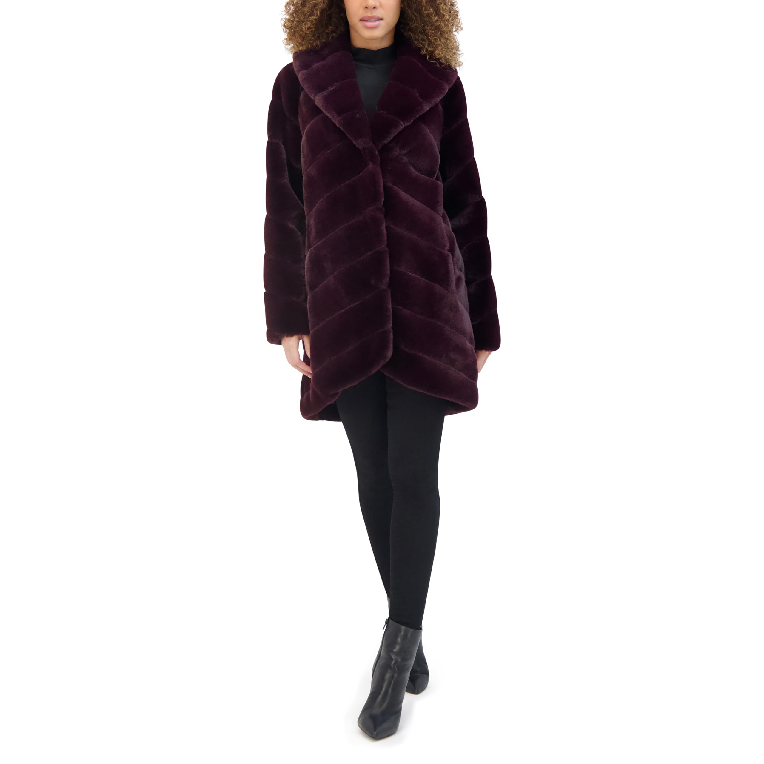 Kenneth Cole Women's Plush Grooved Faux Mink Coat with Shawl Collar