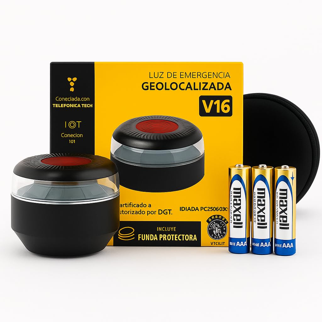 Luz de Emergencia Baliza V16 Geolocalizada, Homologada por DGT con Conectividad IoT, Datos Incluidos hasta 2038, Base Magnética, Incluye funda protectora y pilas Pack de 2