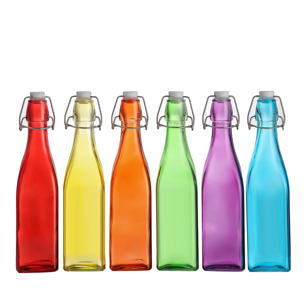 simpa Vintage Style Mix Colour Glass Bottles with Swing Top Lids. Square 750ml Bottles - Set of 6