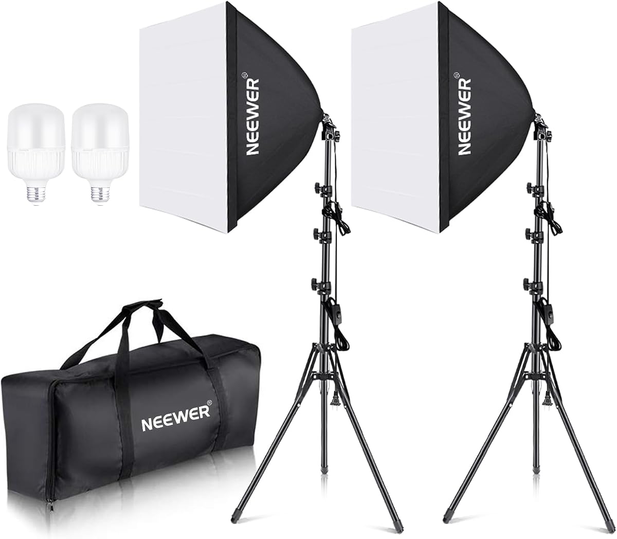 NEEWER Kit de Iluminación Softbox Equivalente a 700W, Paquete de 2 Bombillas de Iluminación LED 5700K con Certificación UL, Softboxes de 24x24 Pulgadas con Casquillo E26, Kit de Iluminación Continua para Fotografía Equipo de Estudio Fotográfico
