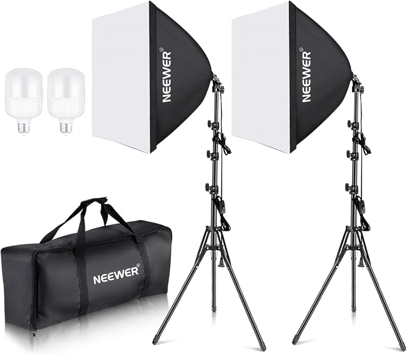 NEEWER Kit de Iluminación Softbox Equivalente a 700W, Paquete de 2 Bombillas de Iluminación LED 5700K con Certificación UL, Softboxes de 24x24 Pulgadas con Casquillo E26, Kit de Iluminación Continua para Fotografía Equipo de Estudio Fotográfico