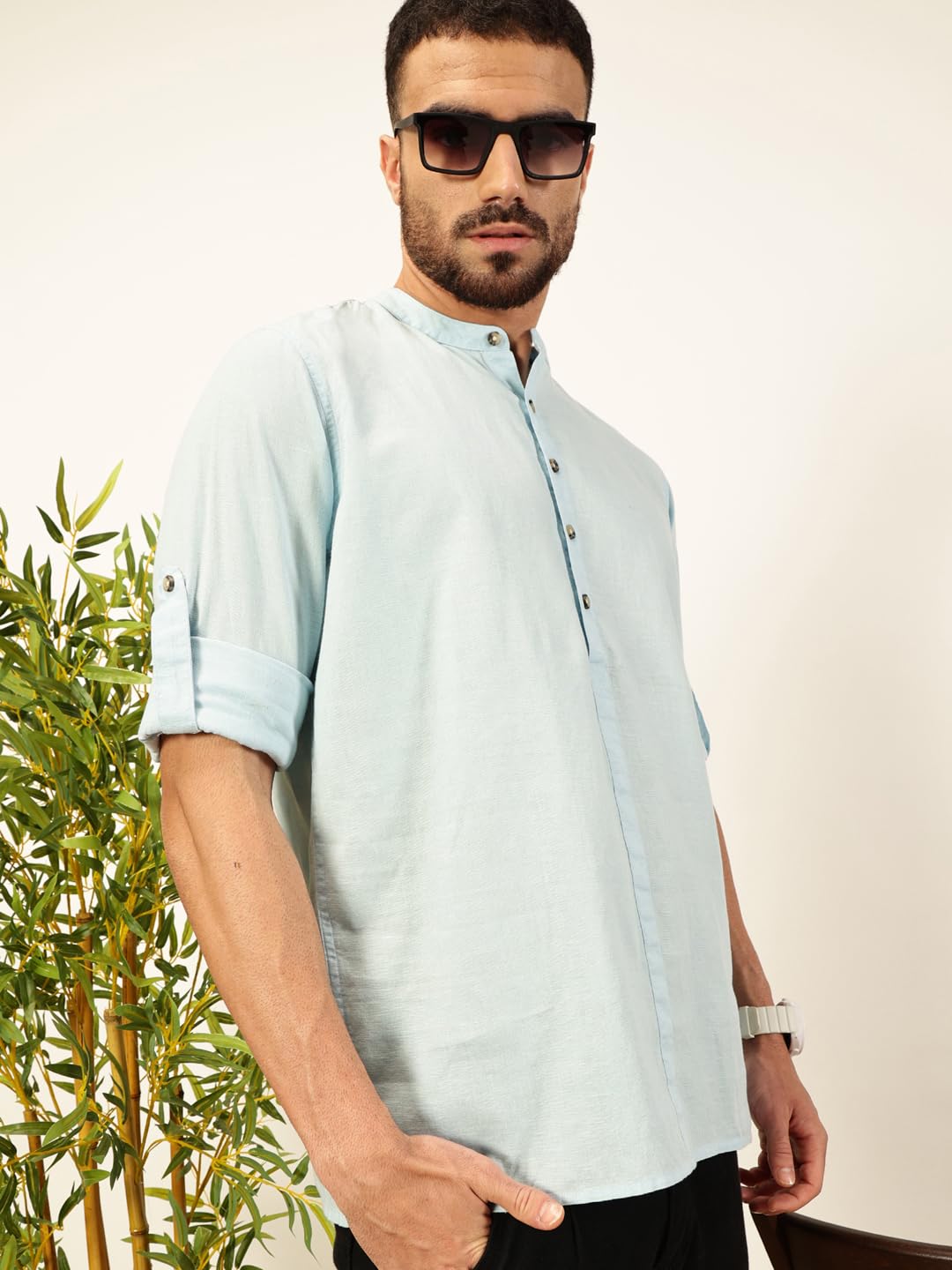 Thomas Scott Mens Linen Solid Kurta Shirt (Ts1529_Lightblue_L)