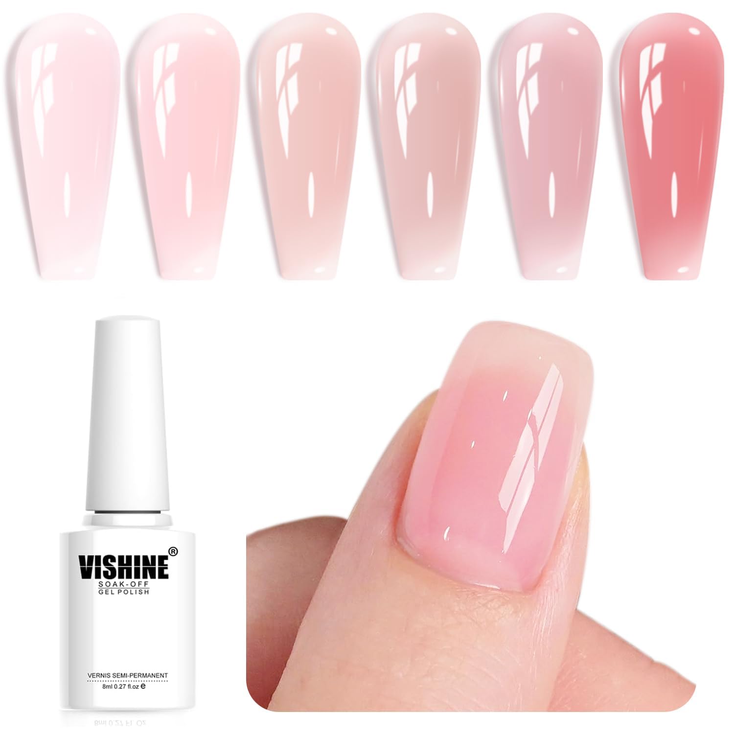 Vishine Nude Gel Polish Kit, Sheer Milky Pink Jelly Transparent Nail Polish UV LED Gel Nail Polish Varnish Nail Art DIY Saon 6Pcs 8ML Set 01