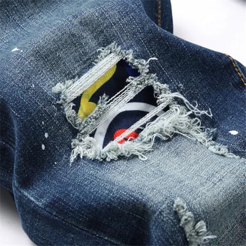 Men's Spots Ripped Jeans Splicing Stretch Slim Punk Denim Streetwear Trousers2