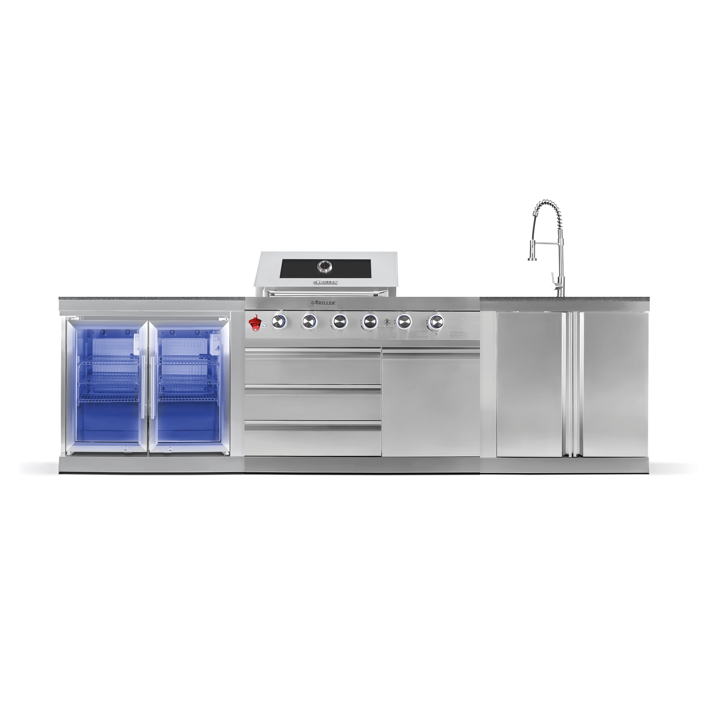 GORILLER Grillmaster Cucina Esterna Selezionata in Acciaio Inox Argento - Include Rosticceria, 4+2 Bruciatori, 296 x 58 x 143 cm - Pre-Montata