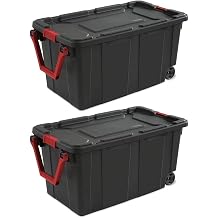 160 Quart Wheeled Stacker Tote, Extra Large Durable Clear Bin, Latch Lid and Pull Handle, 2 Count Black