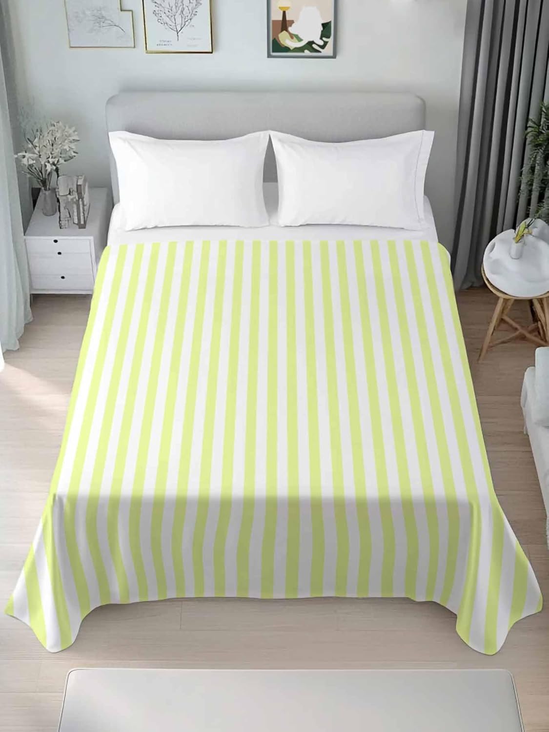 Queen Flat Sheet, Yellow White Stripe Queen Bed Sheets Only, Soft Microfiber Flat Sheet, Modern Minimalist Geometric Striped Hotel Quality Bedding Top Sheet Bedroom Home Dorm Decor