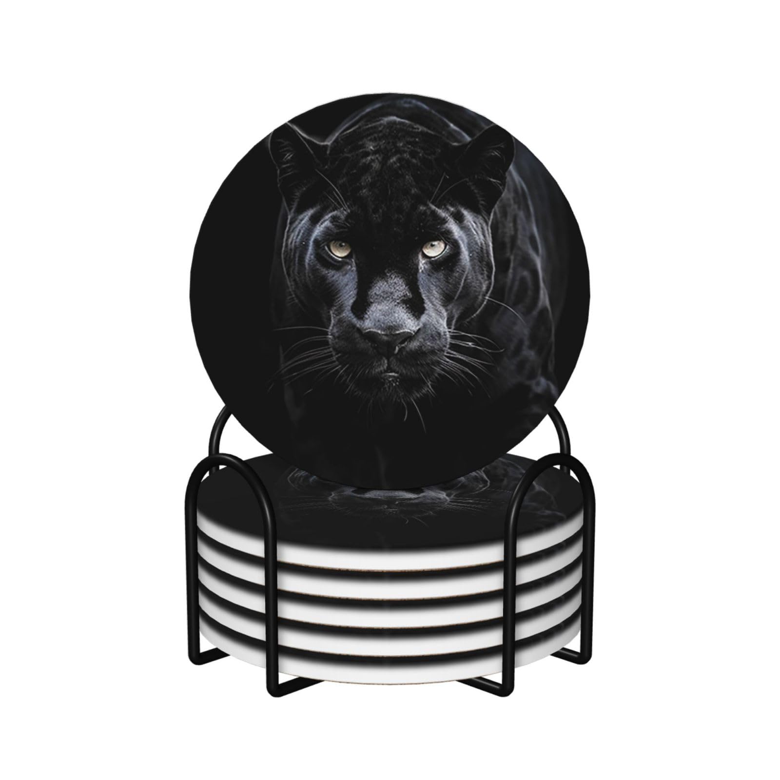 Animal Panther Print Coasters for Drinks Set of 6 with Holder Cork Base Cup Coaster Absorbent Ceramic Cup Mat for Home Dining Room Decor