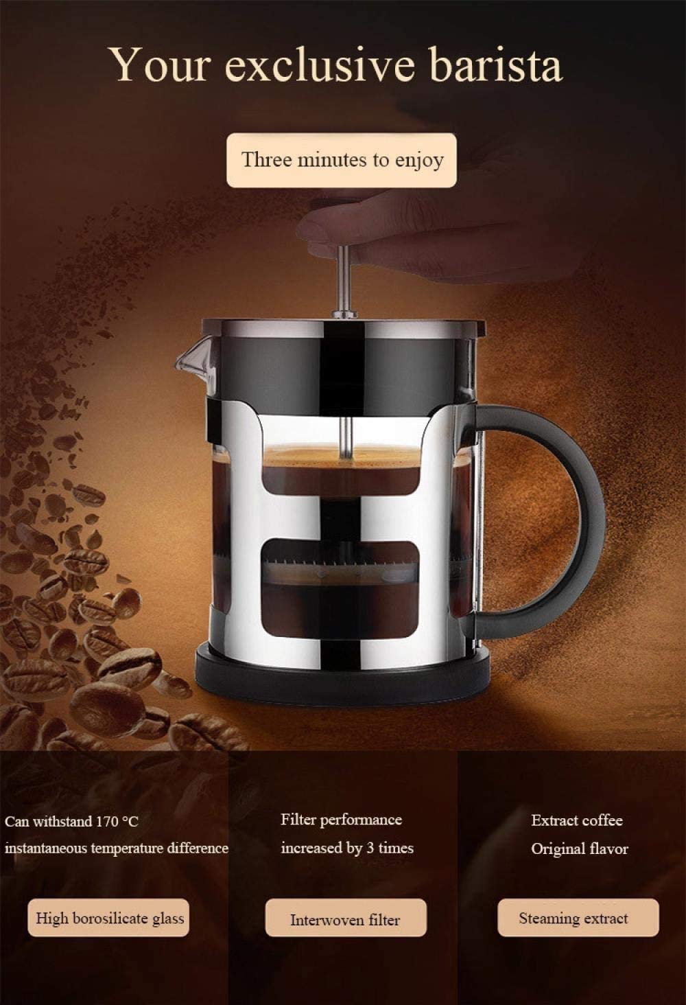 Pote de prensa francesa, conjunto de ollas de café de mano, equipo de vidrio para el hogar y equipo de café, filtración de 4 niveles, borosilicato resistente al calor Café de vidrio prensa ma