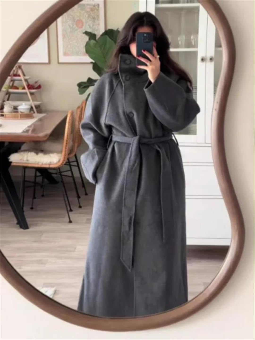 Abrigo largo de lana para mujer, con cinturón, cuello alto, manga larga, para oficina, otoño e invierno