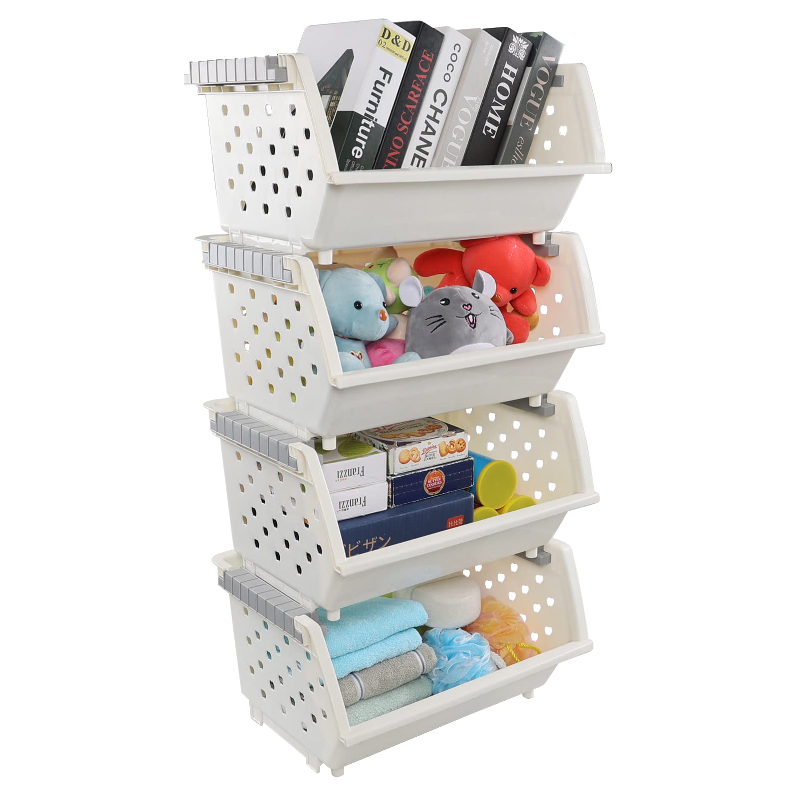Sosody 4 Tier Plastic Basket Shelf, Large Stackable Pantry Bins