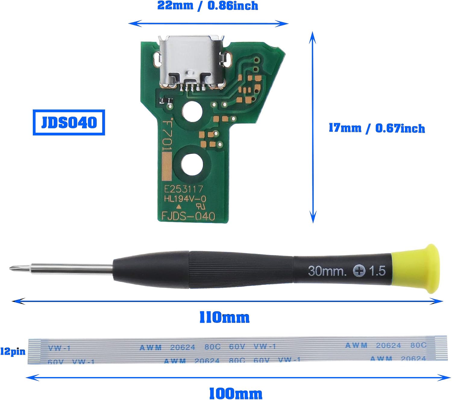 4 PZ Scheda di Interfaccia JDS-040 e 12 Pin Cavo Nastro Compatibile con PS4 Pro / PS4 Slim Controller Wireless Sostituzione Porta di Ricarica