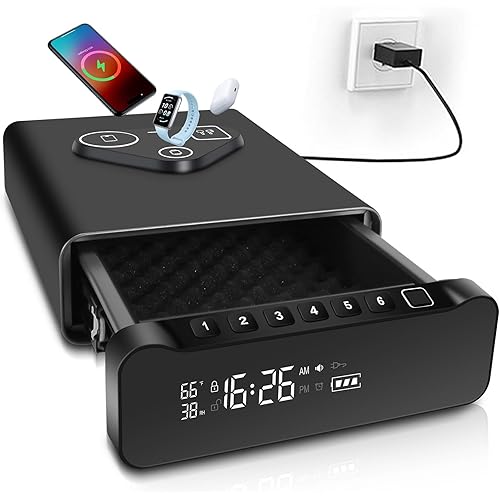 Fingerprint Biometric Gun Safe, Clock Handgun Safe with 3-in-1 Watch & Phone Wireless Charging, Drawer Lock for Hand guns, Cash, Valuables- with Humidity |Temperature| Alarm Clock| Time