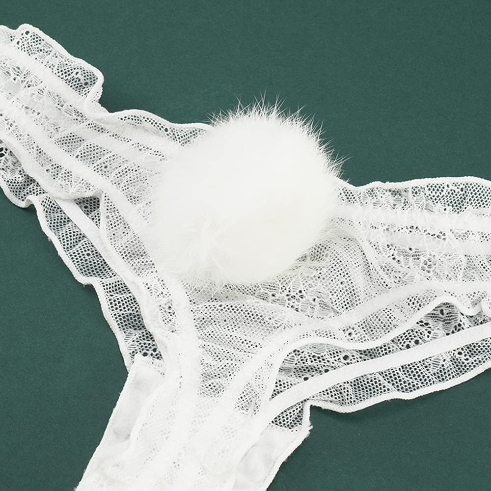 JasmyGirls Lace Thongs Underwear Ladies Panties Bunny Cosplay Lingerie Cute Tail Anime Panty Sexy G-String kawaii Briefs: Small-Medium White