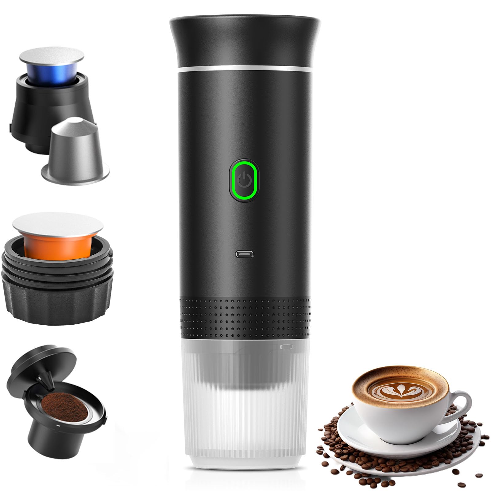 Aischens Macchina da Caffè Espresso Portatile Mini,60ml Caffettiera Elettrica Riscaldata per Auto con USB-C,Compatibile con Capsule NS e Caffè Macinato,Caffè Compatta per Campeggio,Escursionismo