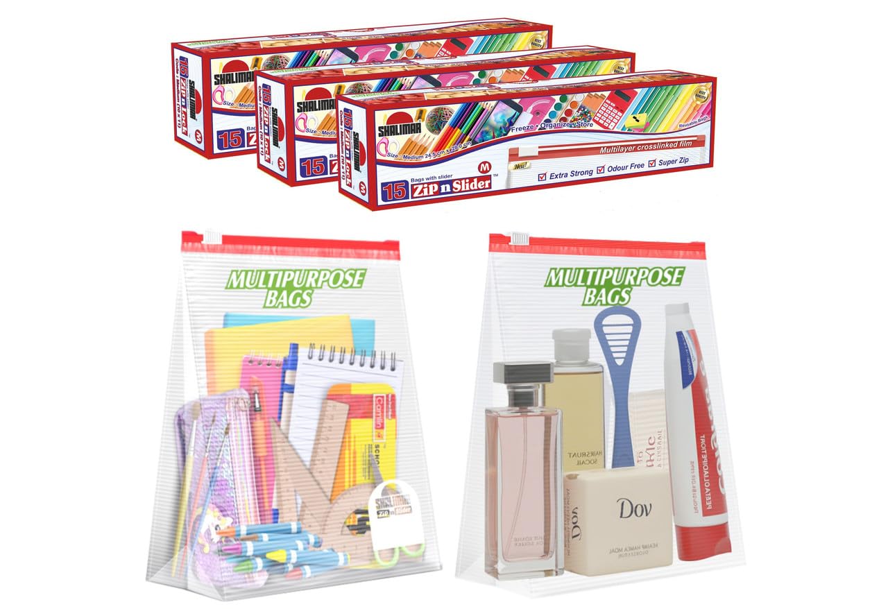 Zip 'N' Slider Bags | Medium (24.5 cm X 28 cm) | Pack of 45 Bags | Ziplock/Multi-Purpose Storage Bag | Reusable & Reclosable with Slider Lock | Color - Natural