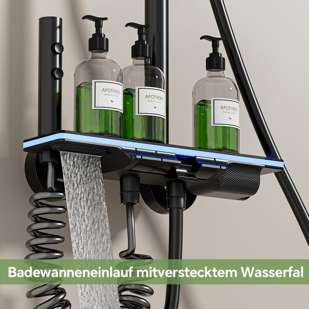 Duschkopf mit LED-Temperaturdisplay, 4 Strahlarten - kalkabweisend, hoher Druck, Messingmassiv und integriertes Ablagefach (black)