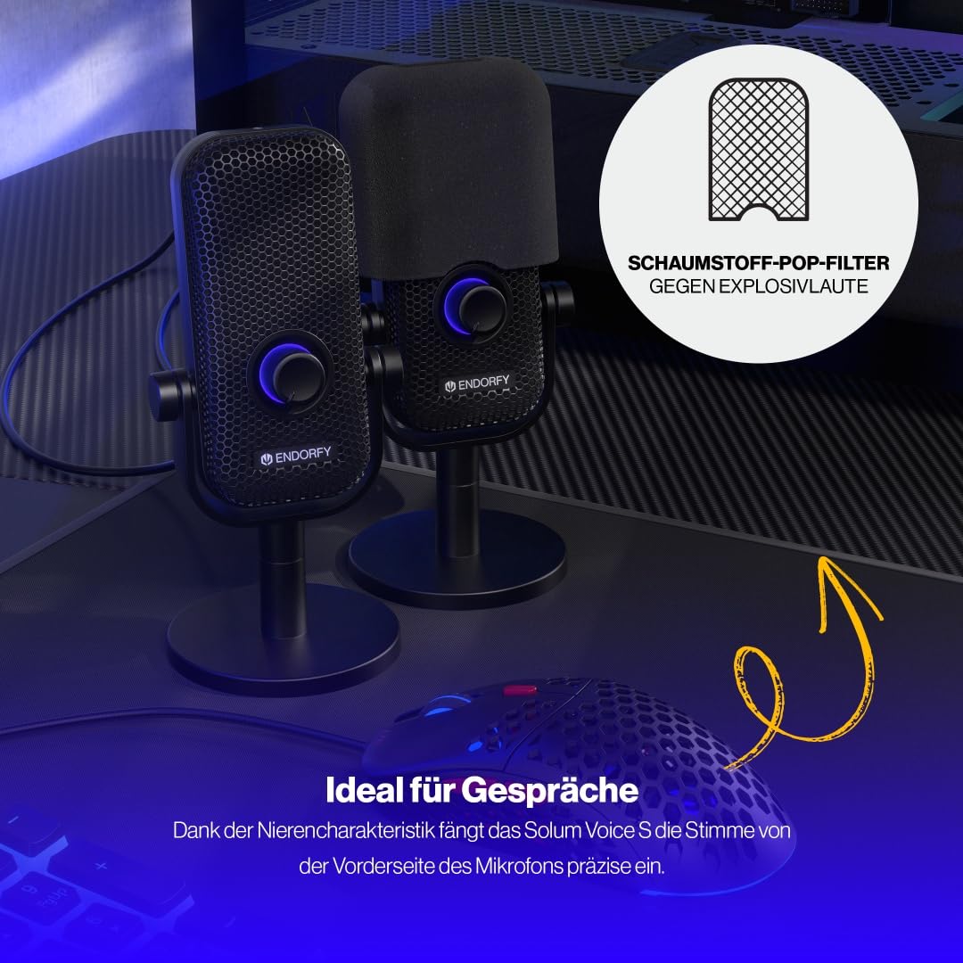 ENDORFY Solum Voice S, micrófono para Streaming, Chat y grabación de podcasts, iluminación RGB, Salida de Auriculares, botón Tap-to-Mute, Control Gain, patrón Polar cardioide | EY1B013