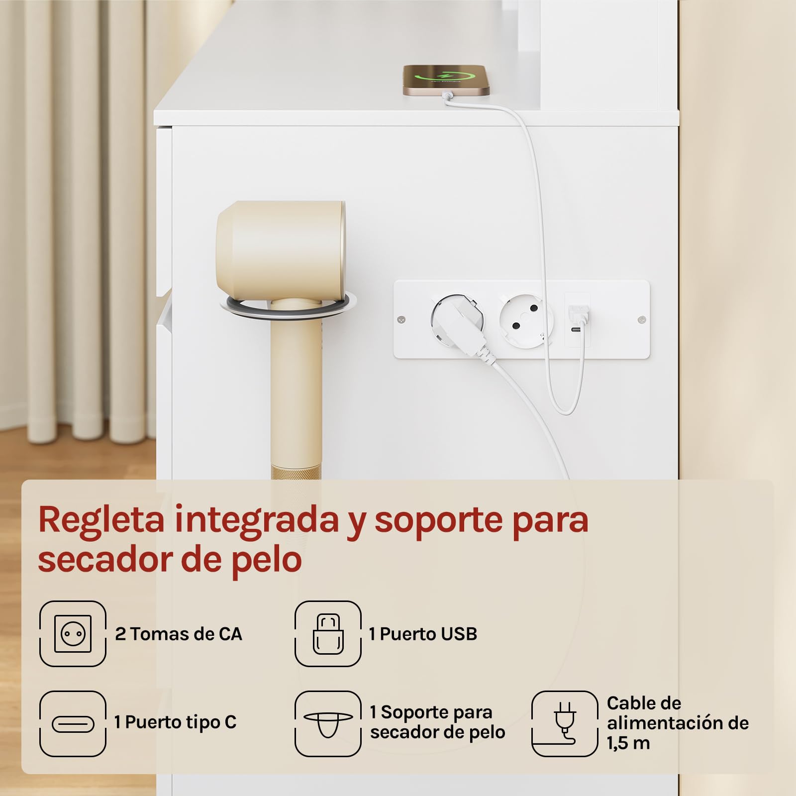 WOLTU Tocador Maquillaje con Espejo LED de Ancho 110 cm y Lupa 5X, Mesa Tocador con 9 Cajones y 3 Estantes, Estación de Carga y Soporte para Secador de Pelo, Blanco