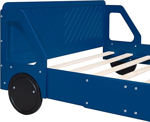 Miniatura 184 de Cama de plataforma en forma de auto de carreras con ruedas, cama de plataforma de madera tamaño individual con barandilla, cama de plataforma para