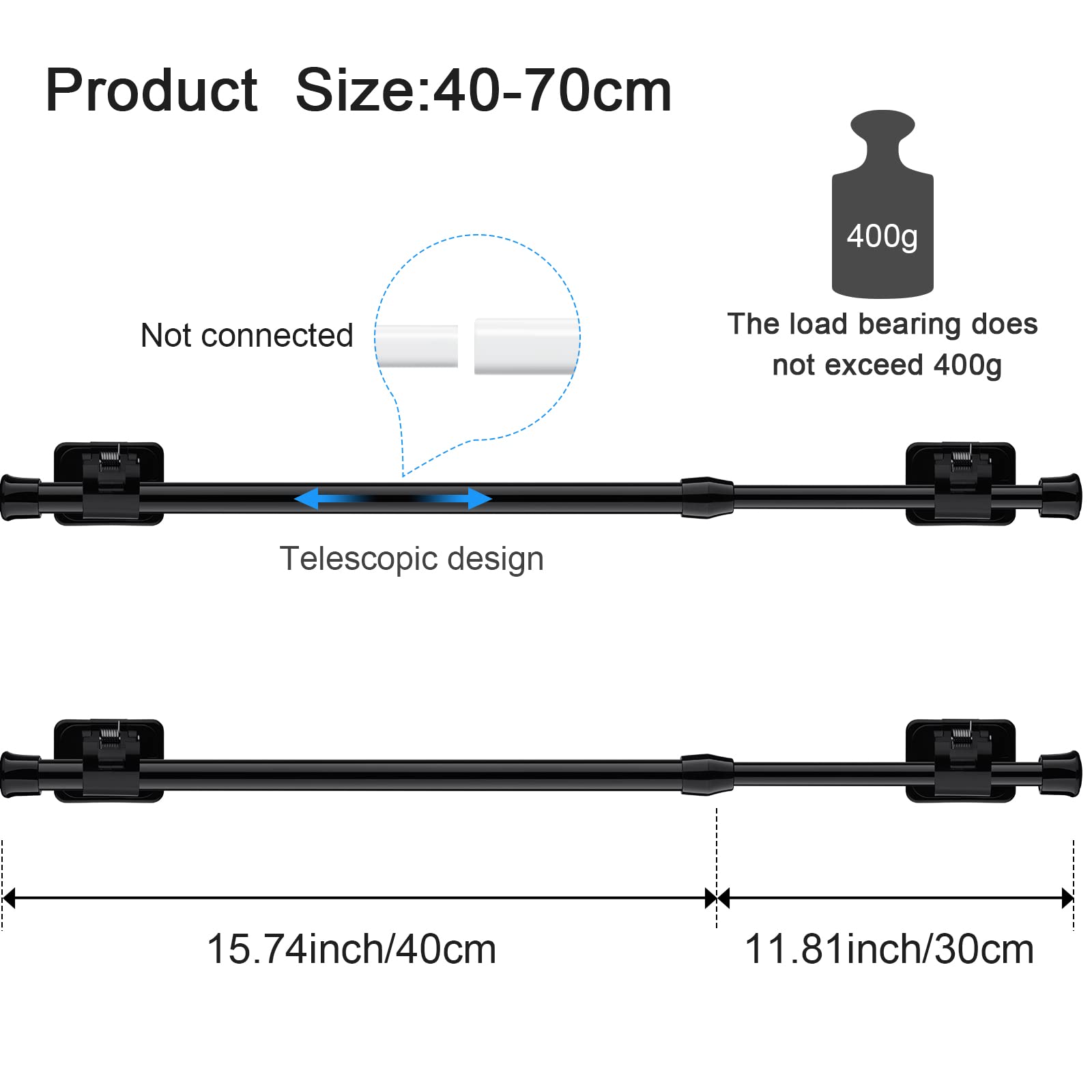 Spring Tension Curtain Rod Black Extendable Tension Curtain Rod Adjustable Tension Rod with Self Adhesive Hook Curtain Rods for Windows 15.7 to 27.5 Inch, Closet, Wardrobe, Bookshelf(6 pieces)