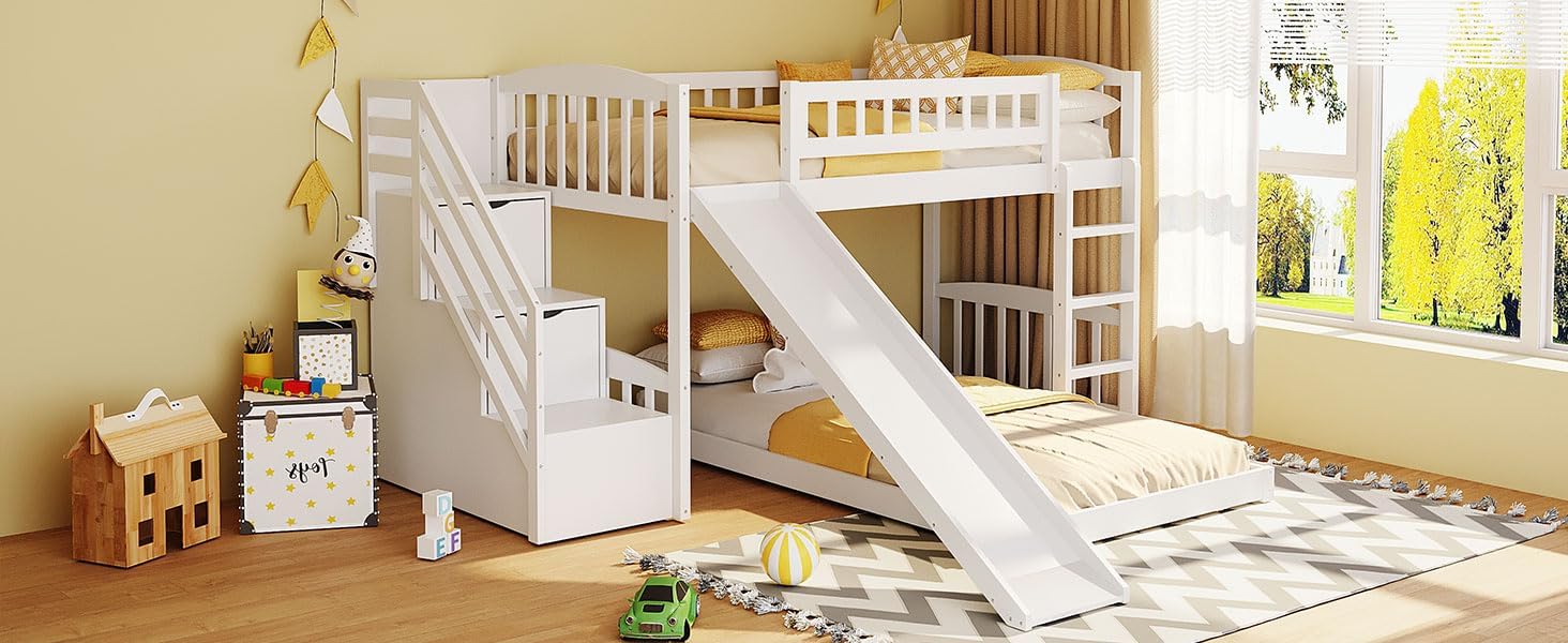 Stairway Twin Over Twin Bunk Bed with Two Drawers and Slide, White
