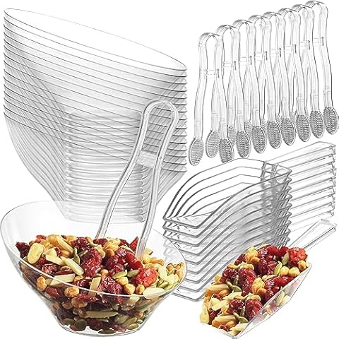 6 oz Clear Plastic Dessert Bowls (16 Pcs) with (8) Scoops and (8) Tongs, Angled Hard Disposable Ice Cream Bar Cups and Candy Buffet Containers Set for Serving Food, Appetizers, Buffets, Party Supplies Cover