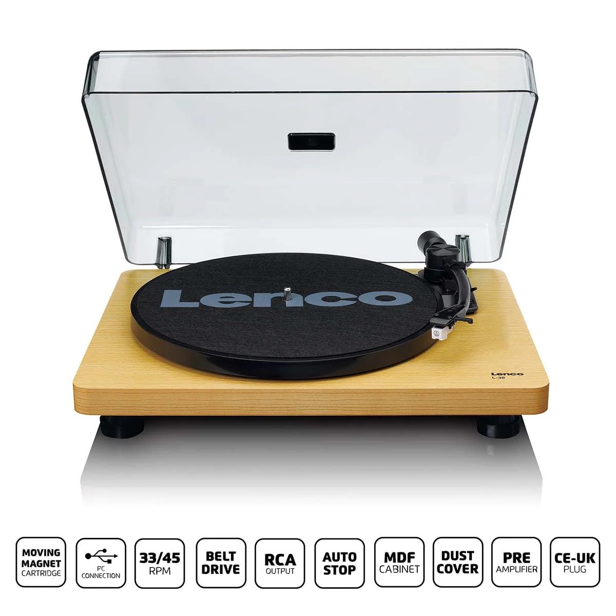 Lenco L-30WD USB - Giradischi con trasmissione a cinghia - 33 e 45 giri - USB - uscita RCA - digitalizza dischi - preamplificatore - legno, único