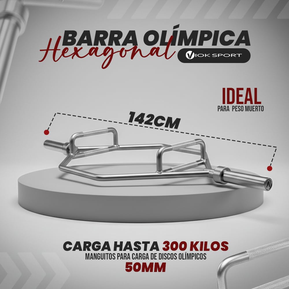 Barra Hexagonal Cromada para Peso Muerto - Trap Bar de 1,42m con Agarre Antideslizante y Pivotes de 50mm para Discos Olímpicos - Ideal para Ejercicio Equilibrado de Zona Lumbar y Rodillas