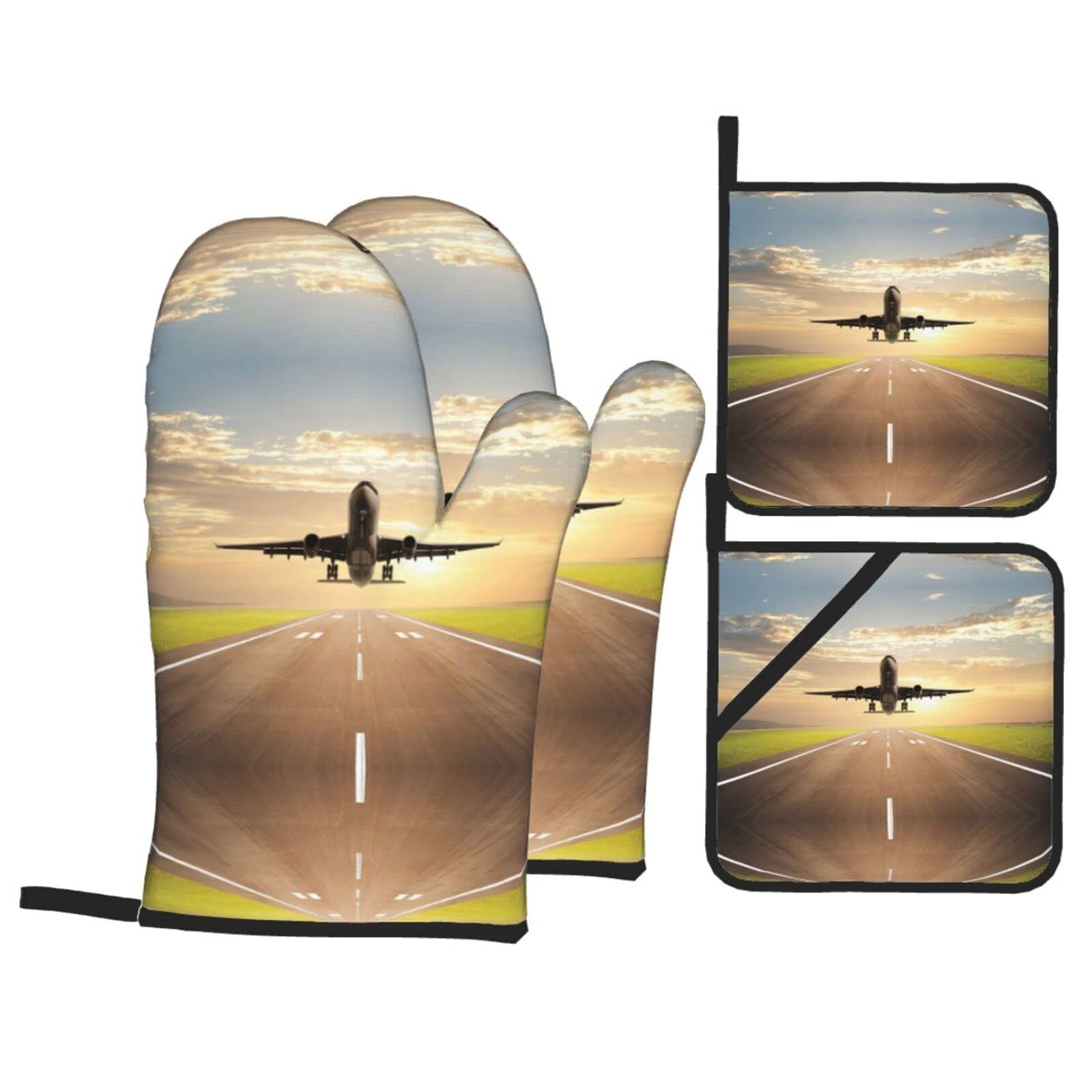 Airplane Oven Mitt and Pot Holder 4-Piece Set for Kitchen, Outdoor Grill, Baking