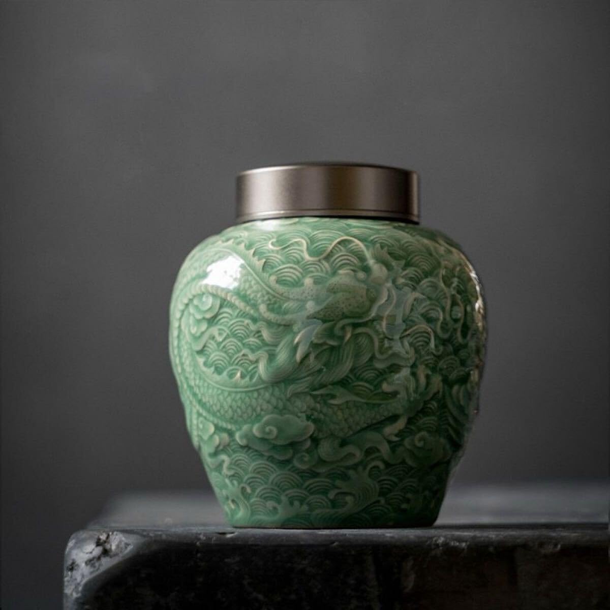 中国美術 茶筒 茶器 茶入れ 青磁 茶道具 龍鳳紋 送料込み 中国美術 茶筒 茶器 茶入れ 青磁 茶道具 龍鳳紋 置物（古美術