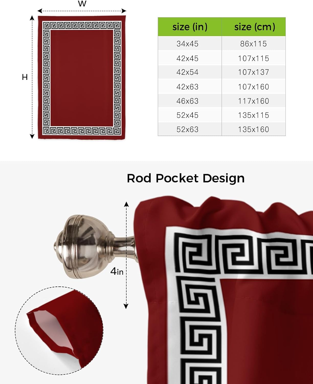Ethnic Tie Up Window Shade Curtain Burgundy Red Greek Key Geometric Kitchen Adjustable Balloon Curtains Shades Drape 46x63In for Living Room/Bedroom/Cafe Windows Black White Frame