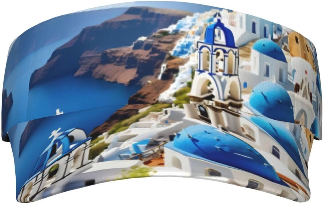 Greek Island Sea View Print Sun Visor Hats for Women Men Adjustable Sports Golf Running Sun Caps Black