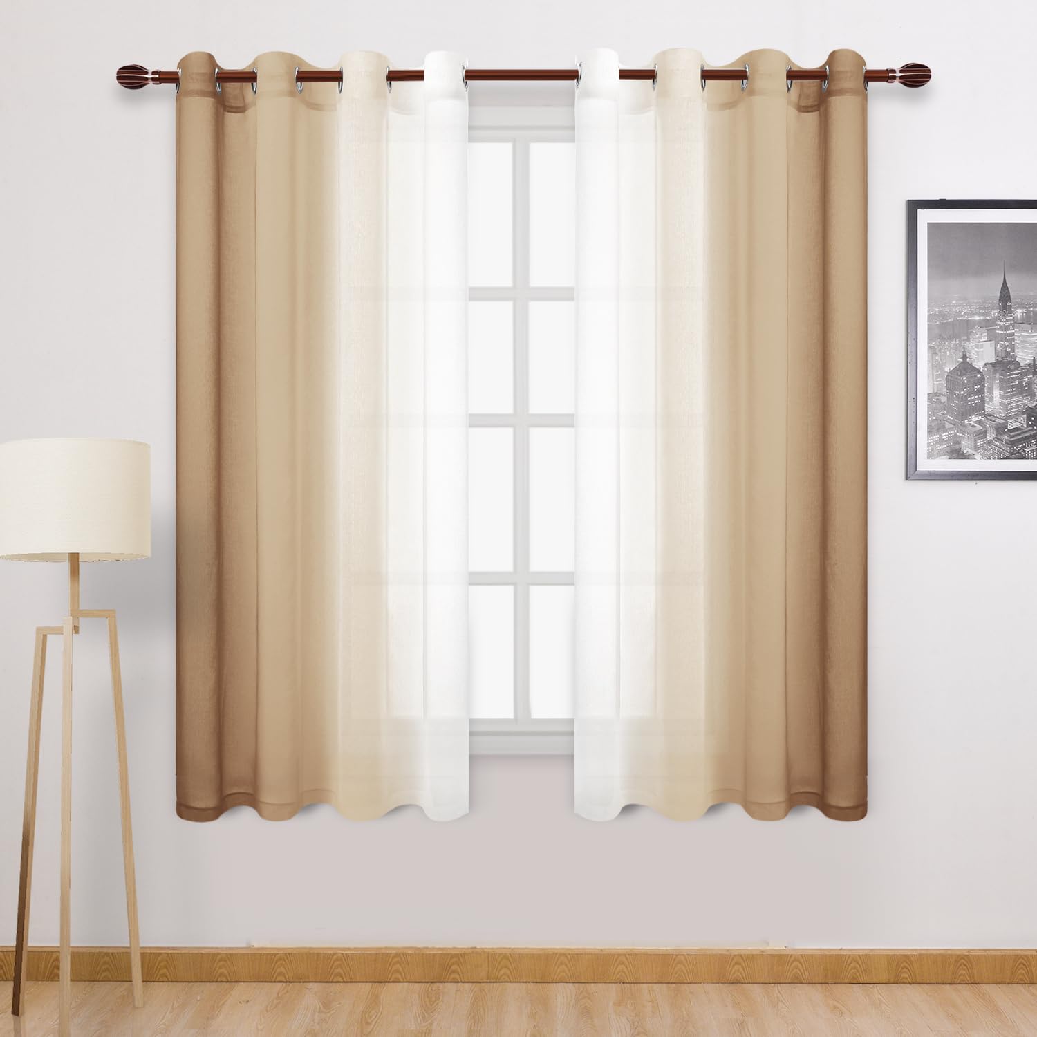 DWCN Taupe Faux Linen Ombre Sheer Curtains - 63 inches Long Gradient Semi Voile Curtains for Bedroom and Living Room, Set of 2 Grommet Top Window