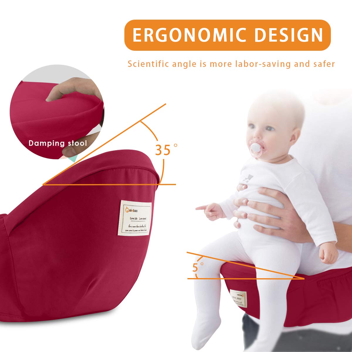 SONARIN 3 in 1 Multifunktion Hipseat Baby Carrier, Babytrage, Vorder und Rückseite,100% Baumwolle,Ergonomisch,Freie Größe(Rot)
