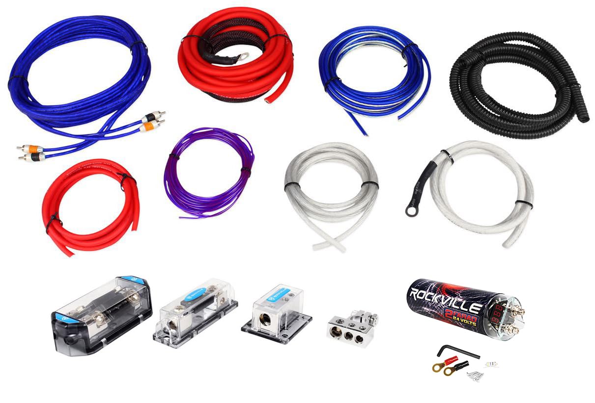 Rockville RDA0+4K Bundle: 0+4 Gauge Dual Amplifier Installation Wire Kit, RXC2D 2-Farad Stiffening Power Capacitor with LED Digital Volt Meter, for Car Audio Systems, 2-Items